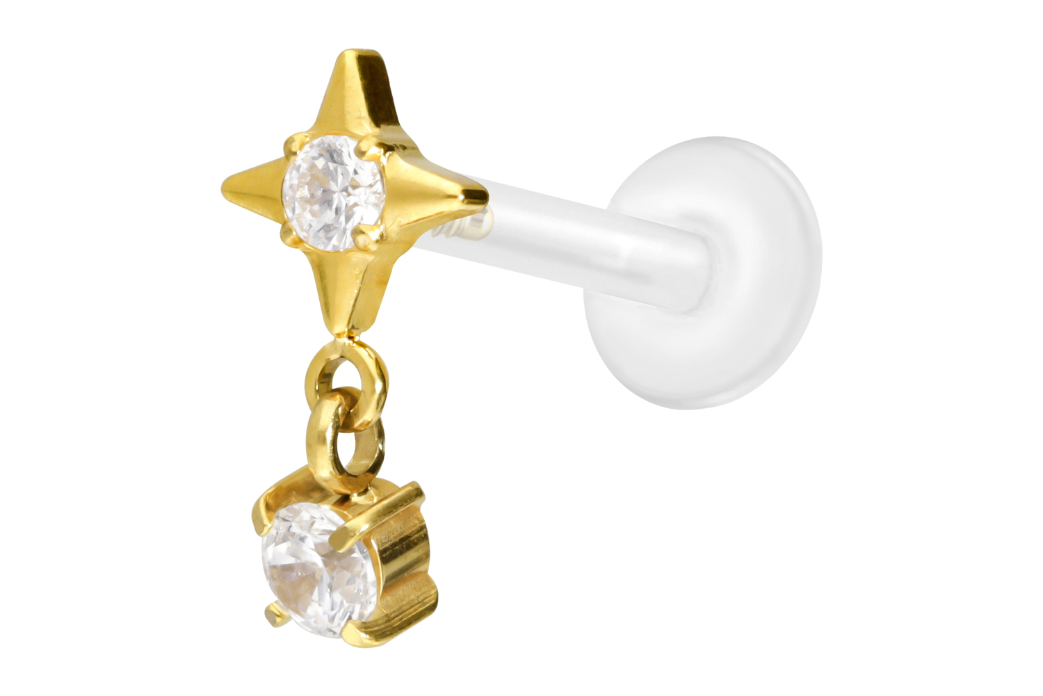 PTFE Labret mit Innengewinde + Titan-Aufsatz STERN + KRISTALL | GO = Goldfarben | 1,2 | 10 | IXP5131_[281325]
